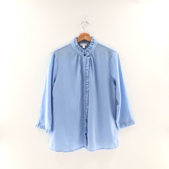 Riley & Rae baby Blue‎ Stand Collar Ruffle trim button up Blouse Medium - Picture 1 of 9